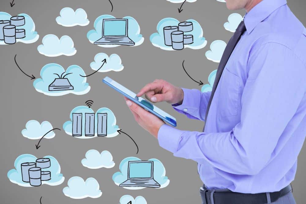 man-with-tablet-clouds-background-icons